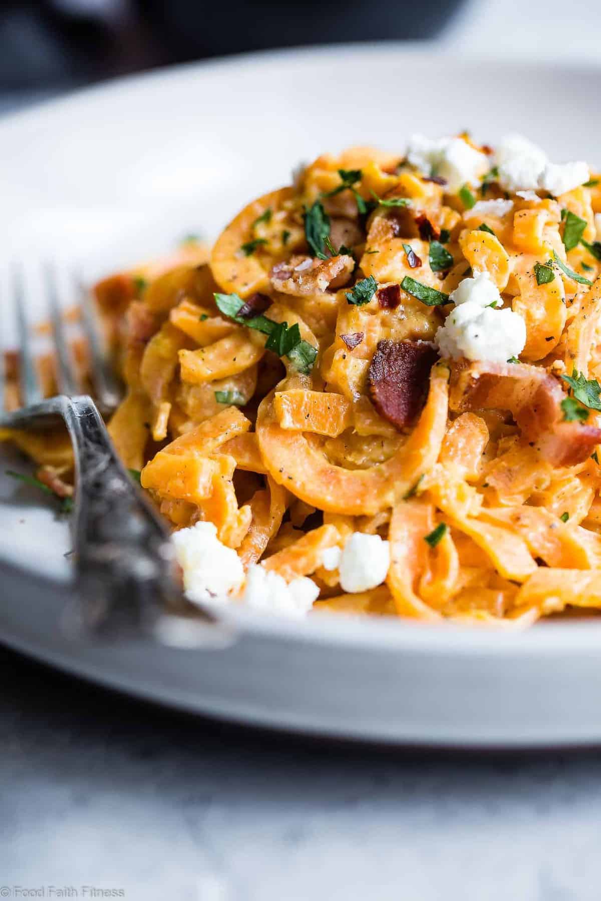 Healthy Sweet Potato Noodle Carbonara -A healthy and gluten free twist on the classic carbonara recipe that uses goat cheese to make it extra creamy! Quick, easy, family friendly and only 4 ingredients! Even picky eaters will LOVE it! | #Foodfaithfitness | #Glutenfree #Healthy #Spiralized #Grainfree #Sweetpotato Healthy Sweet Potato Noodle Carbonara -A healthy and gluten free twist on the classic carbonara recipe that uses goat cheese to make it extra creamy! Quick, easy, family friendly and only 4 ingredients! Even picky eaters will LOVE it! | #Foodfaithfitness | #Glutenfree #Healthy #Spiralized #Grainfree #Sweetpotato