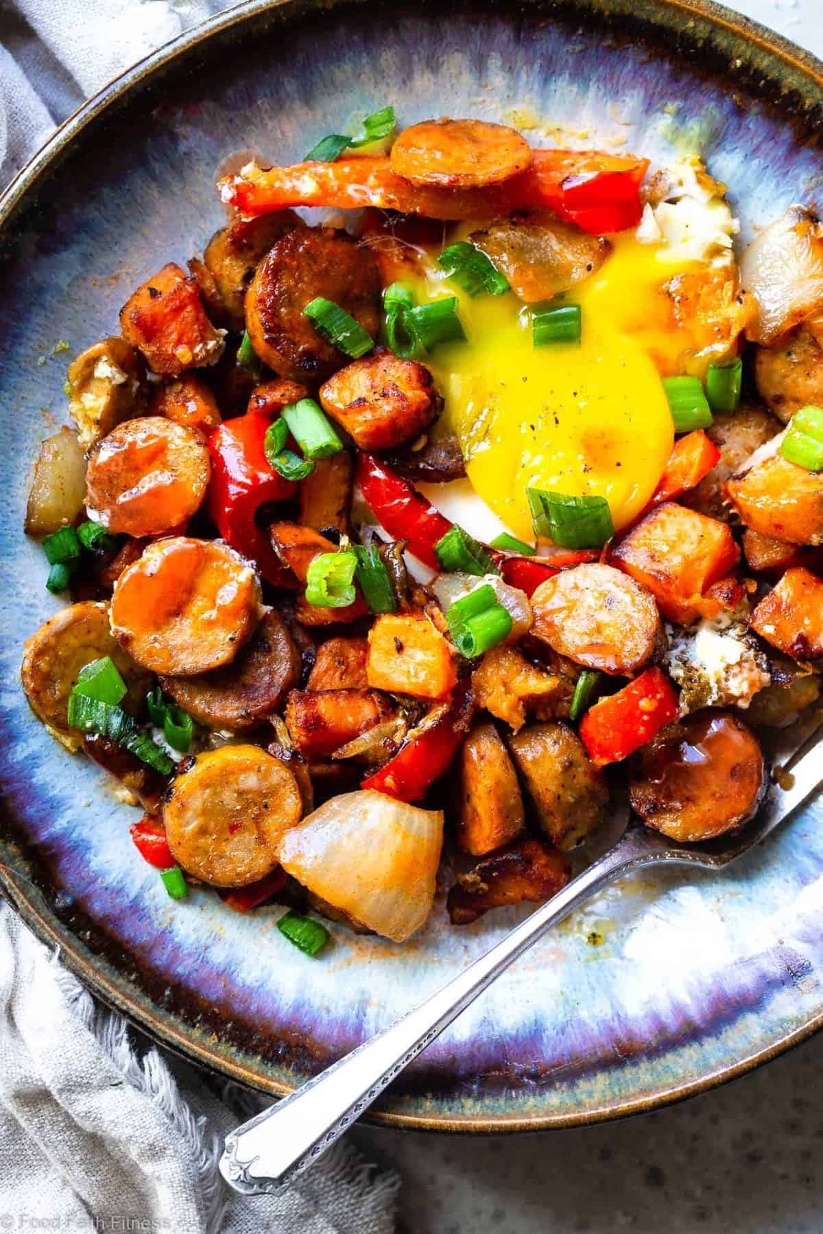Buffalo Chicken Paleo Sweet Potato Breakfast Hash - This sweet potato hash with eggs is a game day spin on a classic breakfast that will be hit with even picky eaters! It's a quick and easy breakfast OR dinner that is paleo and whole30 compliant too! | #Foodfaithfitness | 