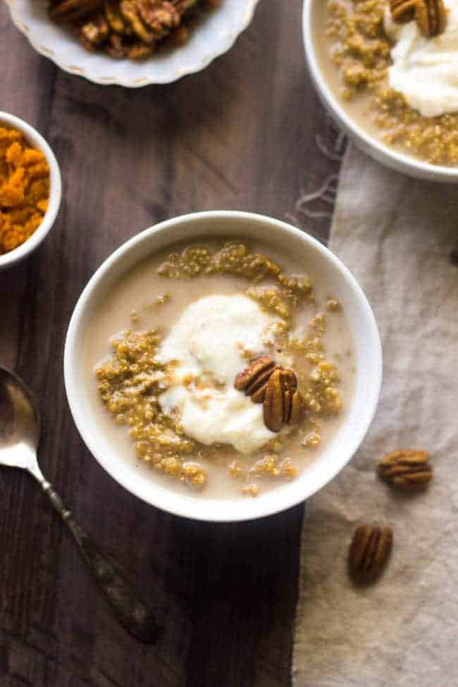 Pumpkin Breakfast Quinoa with Maple Whipped Ricotta - So creamy, delicious and healthy, this is your new favorite #breakfast EVER. | Foodfaithfitness.com | #quinoa #pumpkin #recipe
