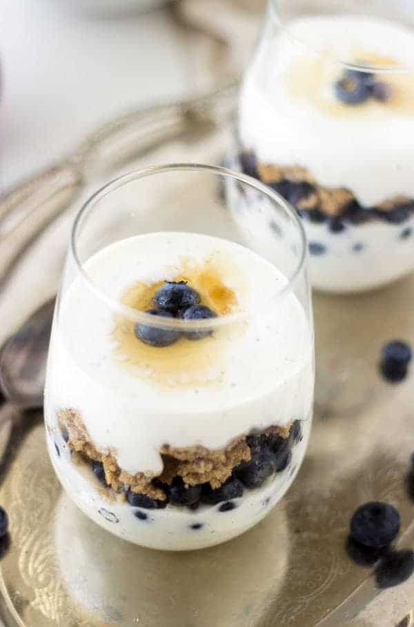 Gluten Free Pancake Parfaits - Pancakes are layered with blueberries and Greek yogurt for a fun and healthy #breakfast! | Foodfaithfitness.com | #recipe #pancake #Glutenfree