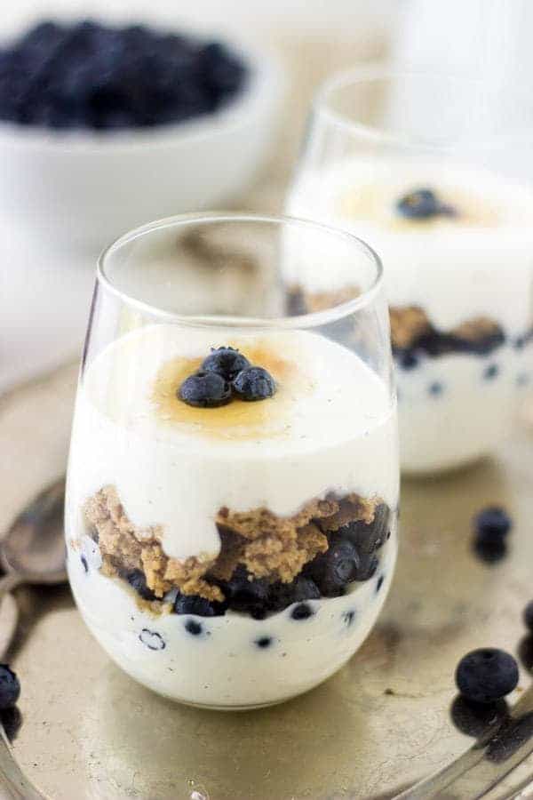 Gluten Free Pancake Parfaits - Pancakes are layered with blueberries and Greek yogurt for a fun and healthy #breakfast! | Foodfaithfitness.com | #recipe #pancake #Glutenfree