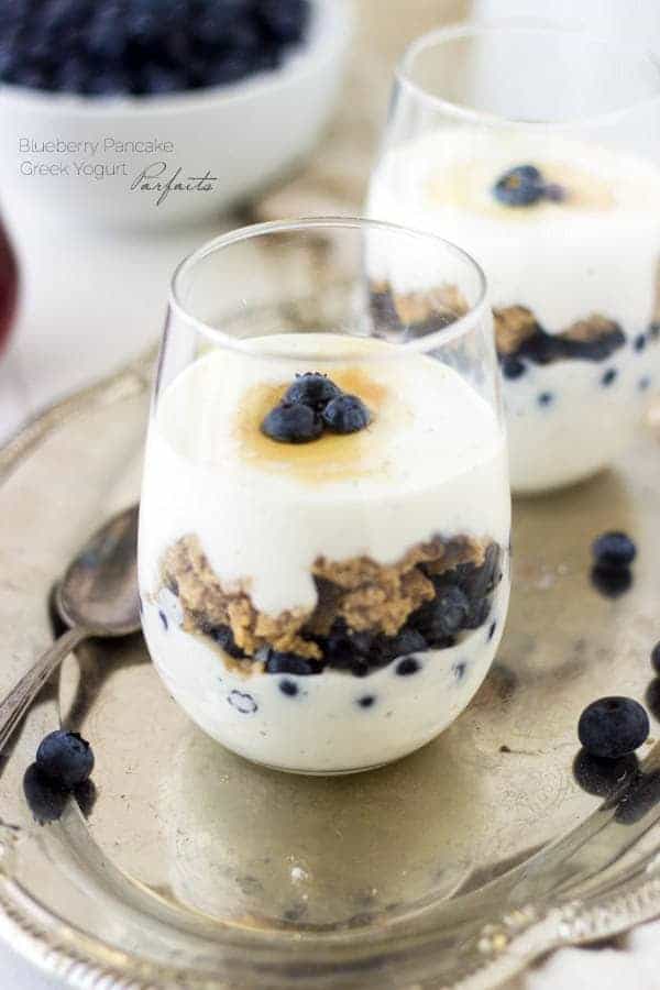 Gluten Free Pancake Parfaits - Pancakes are layered with blueberries and Greek yogurt for a fun and healthy #breakfast! | Foodfaithfitness.com | #recipe #pancake #Glutenfree