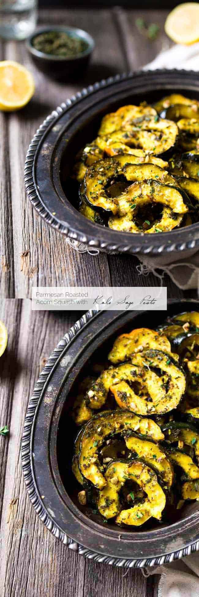 Pamesan Toasted Acorn Squash with Sage Kale Pesto - An easy side dish that is perfect for entertaining or a weeknight dinner! | Foodfaithfitness.com | #recipe