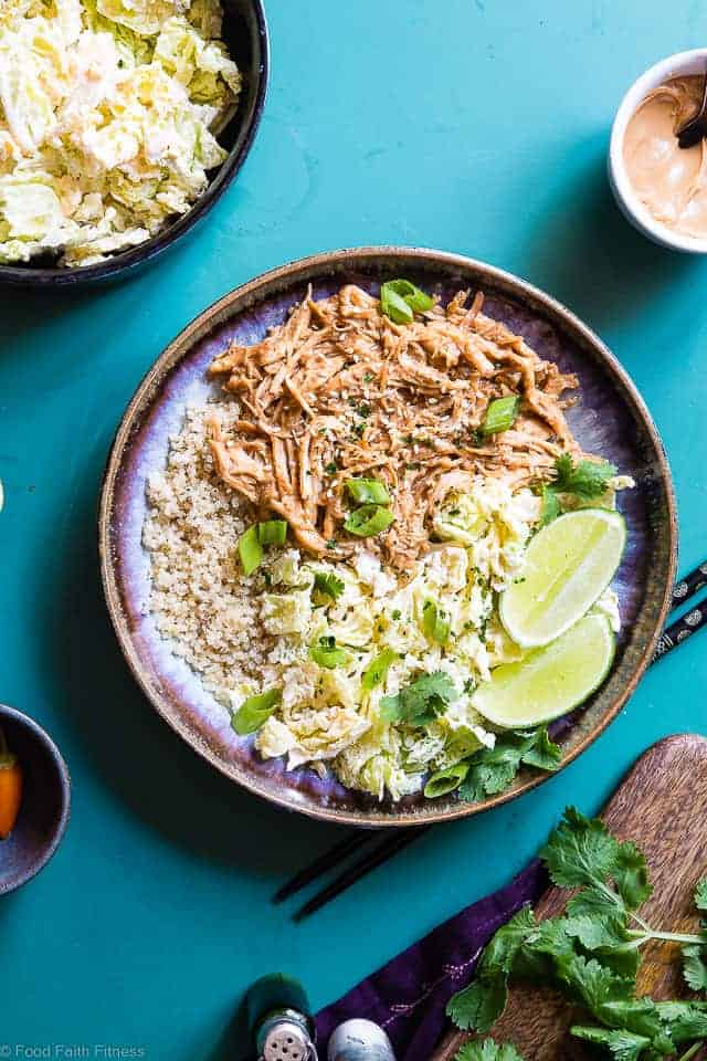Slow Cooker Thai Peanut Chicken Quinoa Bowls - CREAMY crockpot Thai peanut chicken is mixed with quinoa and a spicy cabbage slaw to make a family friendly, gluten free and healthy meal! The slow cooker does the work for you! | #Foodfaithfitness | #Glutenfree #Dairyfree #Healthy #Slowcooker #Crockpot