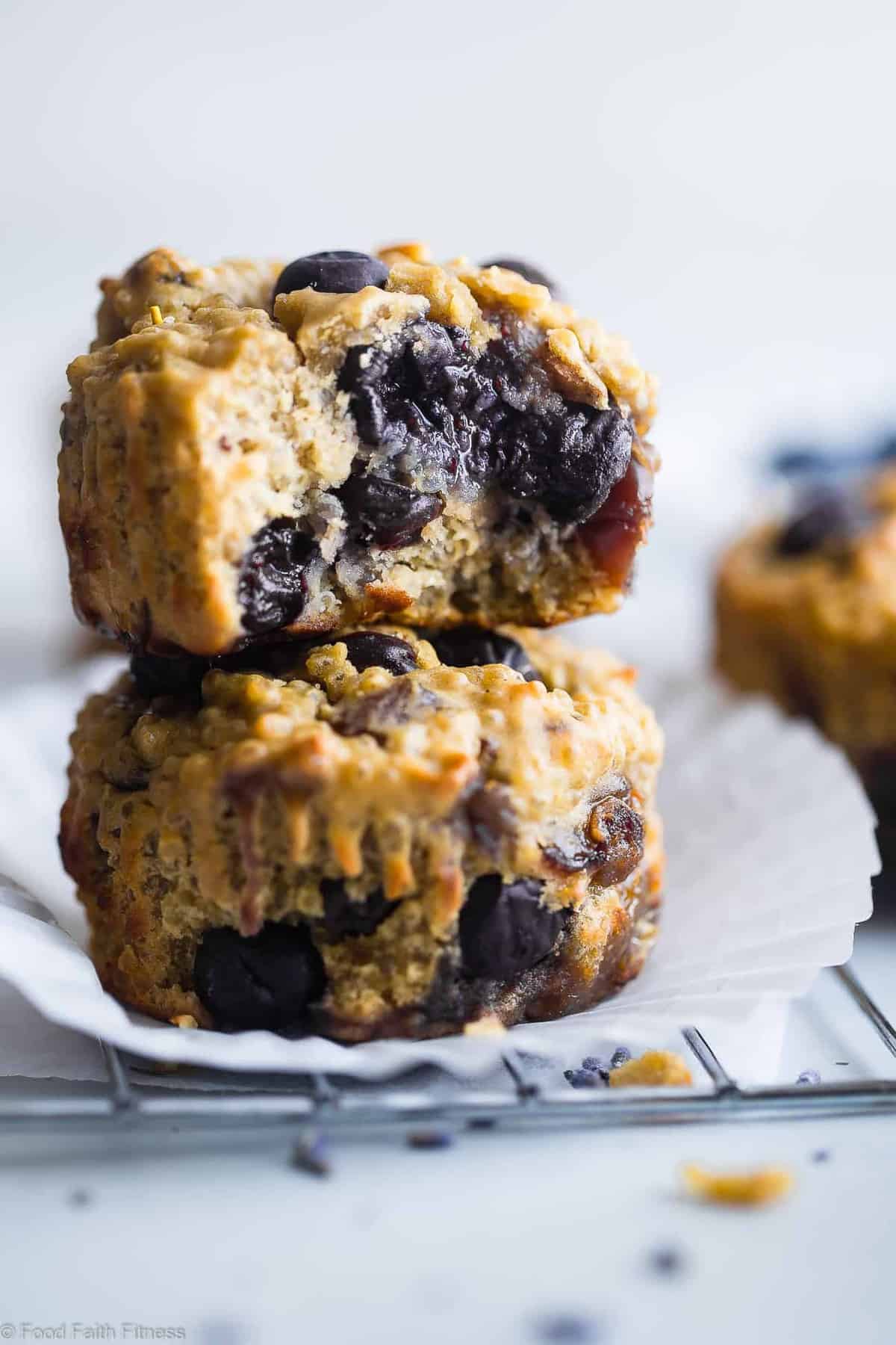High Protein Blueberry Quinoa Muffins - Naturally sweetened, gluten free, dairy free and packed with plant based protein and fiber! These muffins are quick and easy to make and great for kids lunchboxes or snacks! Adults love them too! | #Foodfaithfitness | #Glutenfree #Dairyfree #Proteinpowder #Healthy #Quinoa