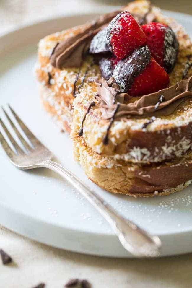 Coconut Crusted Brioche French Toast with Coconut Whipped Cream and Chocolate Covered Strawberries - Sugar free! The perfect Valentine's Day Breakfast! | Foodfaithfitness.com | @FoodFaithFit
