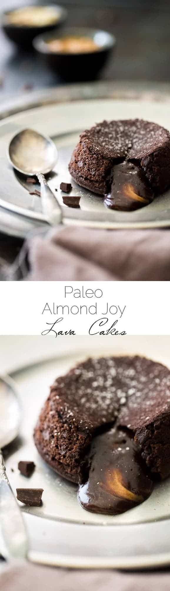 Paleo Chocolate Lava Cake Recipe - So rich and chocolatey that you would NEVER know these are healthy! They’re made with coconut oil and almond butter, so they taste like an Almond Joy bar! Perfect for Valentine’s Day! | Foodfaithfitness.com |