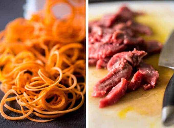 Spiralized Paleo Orange Beef Stir Fry with Kale and Sweet Potato Noodles - A healthy twist on takeout that is ready in 20 minutes! | Foodfaithfitness.com | @FoodFaithFit