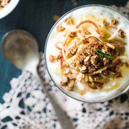 Spiralized Microwave Gluten Free Apple Crisp Breakfast Bowls - Made in the microwave and served on Greek yogurt and apple noodles for an easy, healthy dessert for breakfast! | Foodfaithfitness.com | @FoodFaithFit