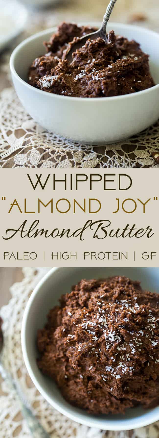 Chocolate coconut creams homemade almond butter - charged with chocolate, coconut and protein powder and then whipped for air perfection! Easy, paleo friendly and so addictive! | Foodfaithfitlness.com | @Foodfaithfit | Healthy homemade almond butter. Recipe for almond butter. Paleo homemade almond butter. The best homemade almond butter.