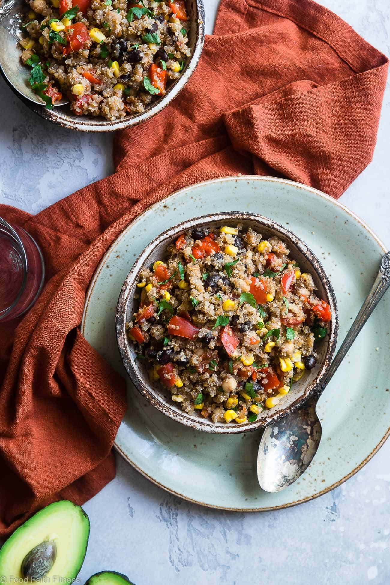 Slow Cooker Mexican Quinoa Casserole - Let the slow cooker do the work for you with this family friendly, healthy weeknight dinner! Gluten free with a vegan option and even picky eaters love it! | #FoodFaithFitness | #Quinoa #Glutenfree #Healthy #Vegan #Vegetarian
