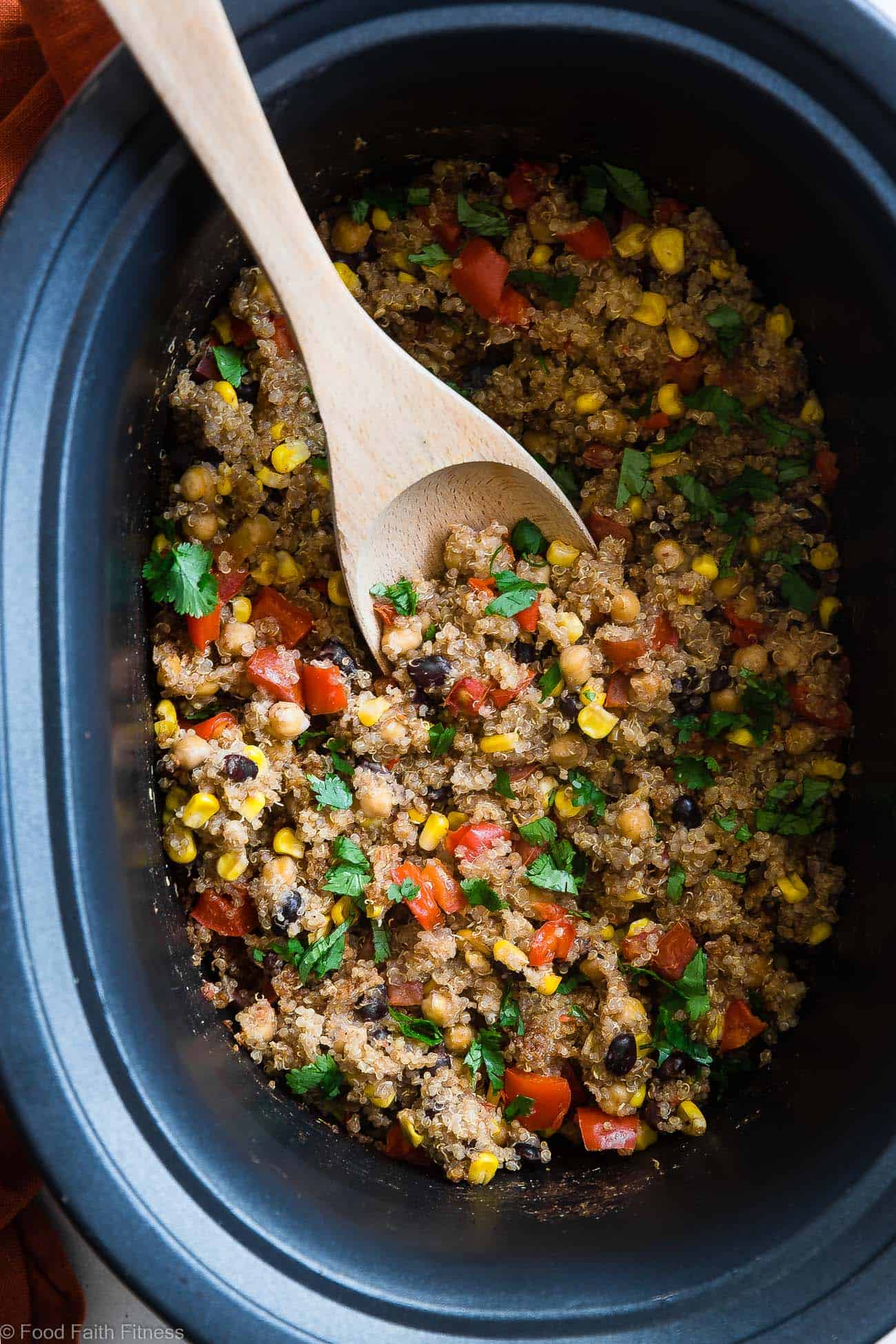 One Pan Mexican Quinoa Casserole - Let the slow cooker do the work for you with this family friendly, healthy weeknight dinner! Gluten free with a vegan option and even picky eaters love it! | #FoodFaithFitness | #Quinoa #Glutenfree #Healthy #Vegan #Vegetarian