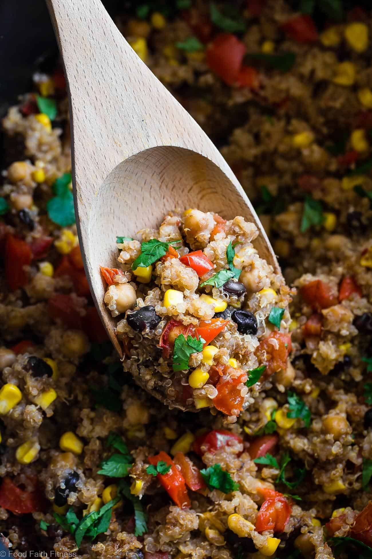 Slow Cooker Mexican Quinoa Casserole - Let the slow cooker do the work for you with this family friendly, healthy weeknight dinner! Gluten free with a vegan option and even picky eaters love it! | #FoodFaithFitness | #Quinoa #Glutenfree #Healthy #Vegan #Vegetarian