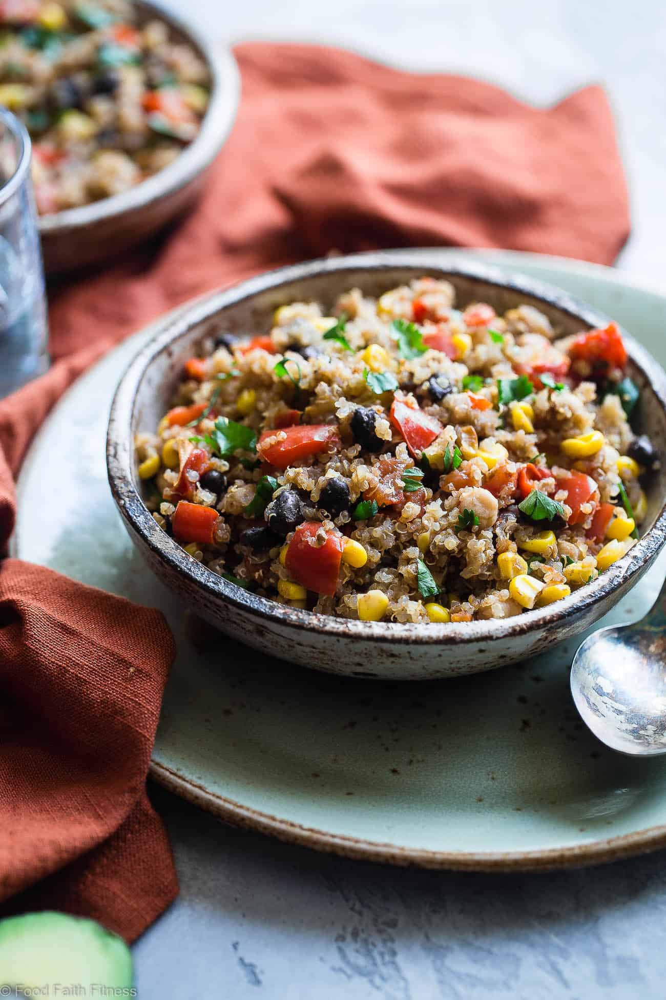 One Pan Mexican Quinoa Casserole - Let the slow cooker do the work for you with this family friendly, healthy weeknight dinner! Gluten free with a vegan option and even picky eaters love it! | #FoodFaithFitness | #Quinoa #Glutenfree #Healthy #Vegan #Vegetarian