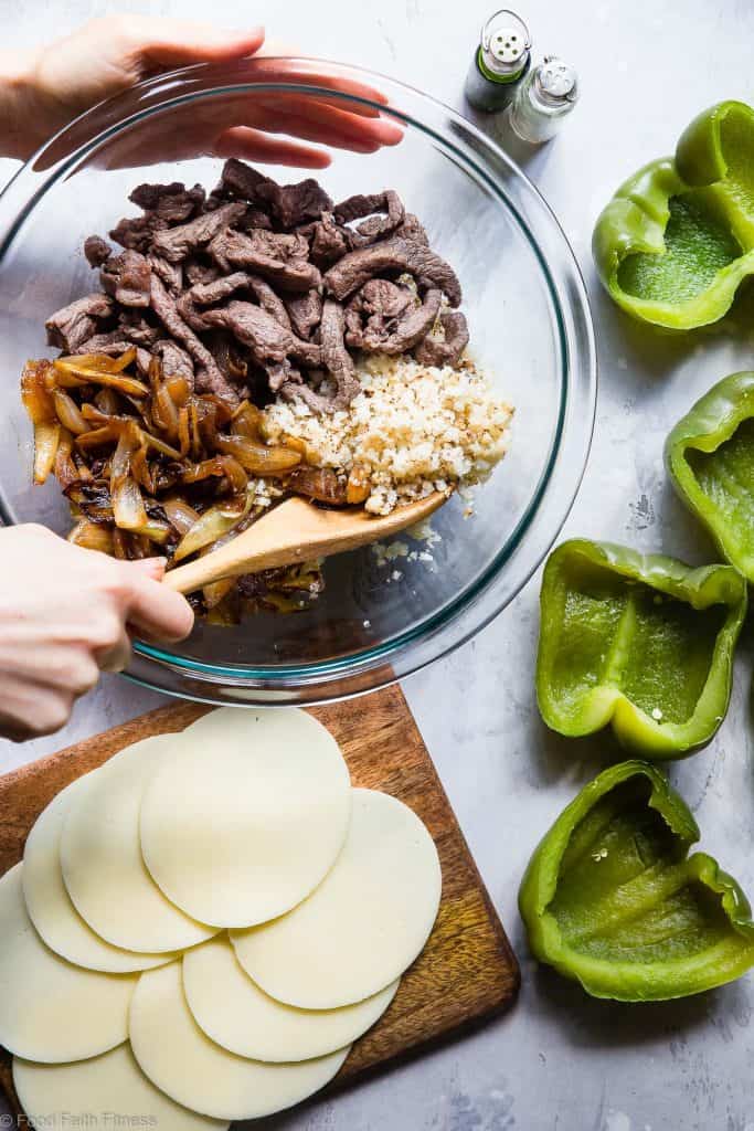 Cheesesteak Stuffed Peppers being prepare for baking