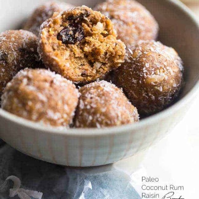 Paleo Coconut Rum Raisin Energy Balls - A quick and easy snack that are ready in only 10 minutes! A healthy, high protein and gluten free taste of the tropics to give you an energy boost! | Foodfaithfitness.com | @FoodFaithFit