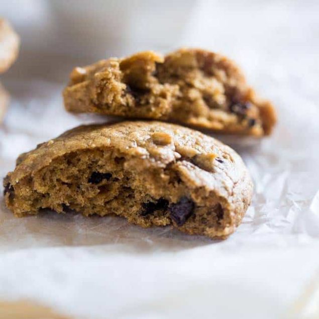 Gluten Free Chocolate Chip Cookies - Naturally sweetened with banana and made with a secret ingredient so they're high protein! Easy and healthy enough for breakfast! | Foodfaithfitness.com | @FoodFaithFit