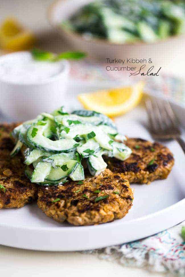 Turkey Kibbeh With Cucumber Salad & Mint Yogurt Sauce
