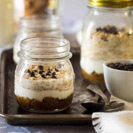Cookie Dough Overnight Oats - These overnight oats are layered with peanut butter Greek yogurt chocolate chip cookie dough for an easy breakfast that is high protein, and perfect for busy mornings! | Foodfaithfitness.com | @FoodFaithFit