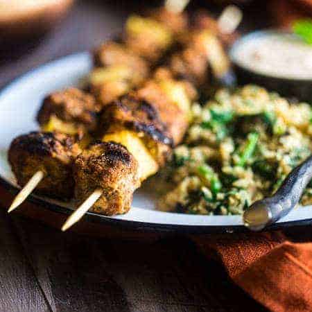 Indian Paleo Chicken Kebabs with Cashew Cream Dip - This chicken kebab recipe is served with coconut cashew cream for an easy, healthy, Summer meal that will take you to the Middle East! | Foodfaithfitness.com | @FoodFaithFit