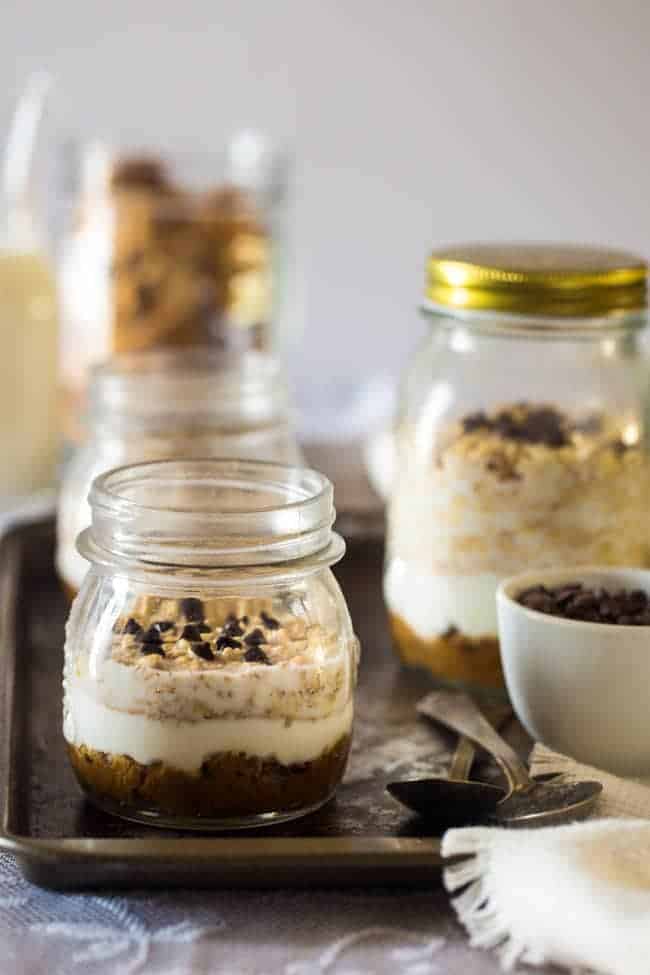 Cookie Dough Overnight Oats - These overnight oats are layered with peanut butter Greek yogurt chocolate chip cookie dough for an easy breakfast that is high protein, and perfect for busy mornings! | Foodfaithfitness.com | @FoodFaithFit