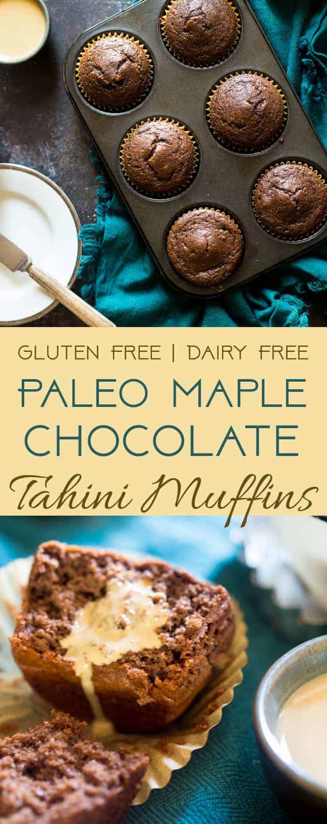 Paleo Maple Tahini Chocolate Muffins - These gluten free chocolate muffins are sweetened with maple syrup and have a hint of tahini. They're a healthy, easy breakfast for busy mornings that are only 170 calories! | #Foodfaithfitness | #Paleo #healthy #glutenfree #muffins #coconutflour
