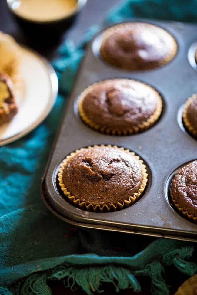 Paleo Maple Tahini Chocolate Muffins - These gluten free chocolate muffins are sweetened with maple syrup and have a hint of tahini. They're a healthy, easy breakfast for busy mornings that are only 170 calories! | #Foodfaithfitness | #Paleo #healthy #glutenfree #muffins #coconutflour