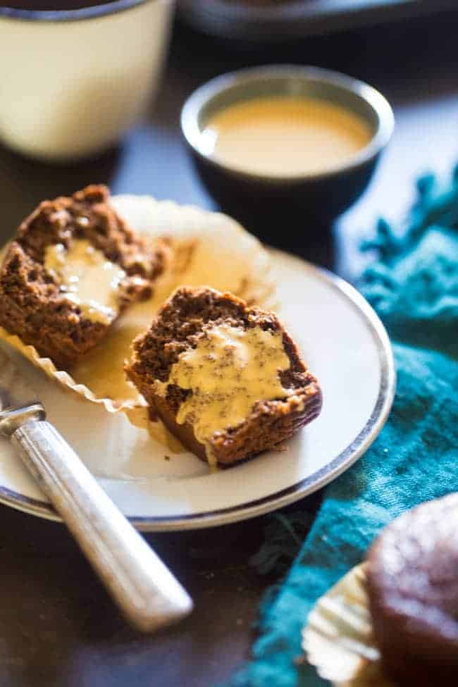 Paleo Chocolate Muffins with Tahini - These gluten free chocolate muffins are sweetened with maple syrup and have a hint of tahini. They're a healthy, easy breakfast for busy mornings that are only 170 calories! | Foodfaithfitness.com | @FoodFaithFit