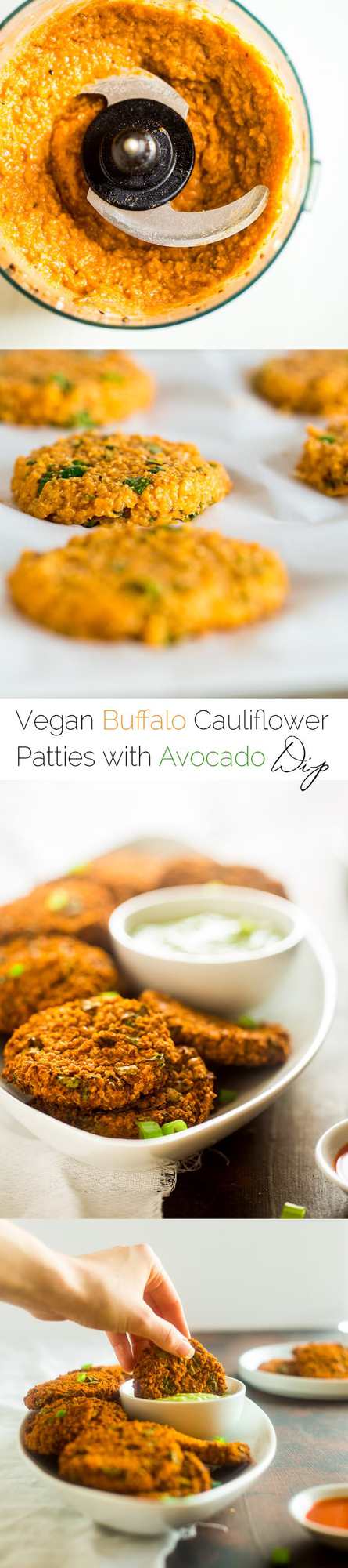 Vegan Buffalo Patties with Avocado Dip - These patties taste just like buffalo chicken, but they're totally meat free and made with cauliflower and quinoa! They're a spicy, crunchy and creamy appetizer for game day! | Foodfaithfitness.com | @FoodFaithFit