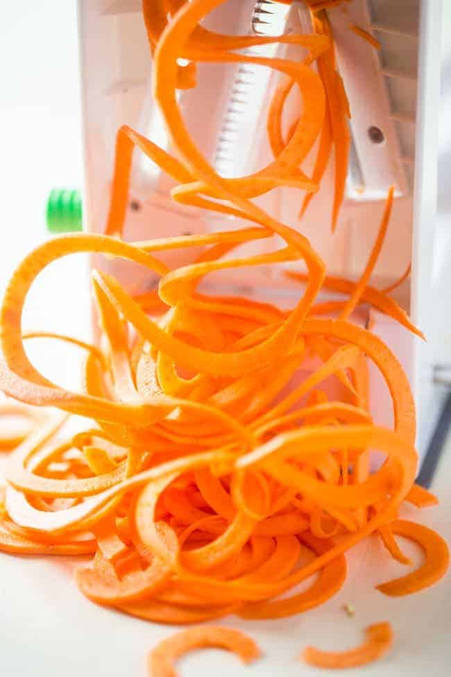 Whole 30 and Vegan Sweet Potato Noodles and Apple Spinach Salad with Almond Dijon Vinaigrette - A healthy, weeknight meal that is ready in only 20 minutes! | Foodfaithfitness.com | @FoodFaithFit