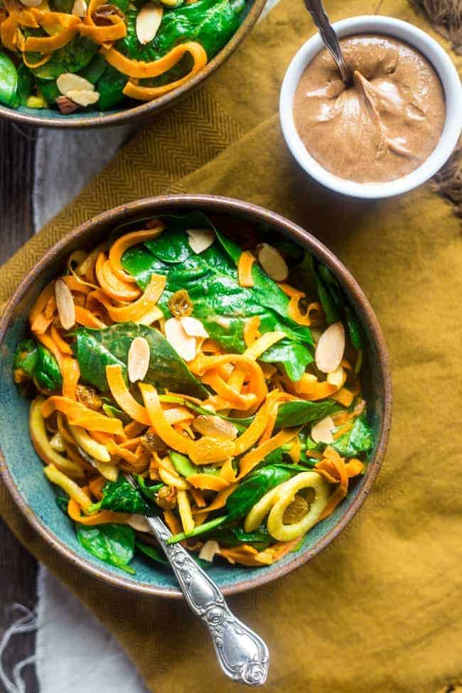 Whole 30 and Vegan Sweet Potato Noodles and Apple Spinach Salad with Almond Dijon Vinaigrette - A healthy, weeknight meal that is ready in only 20 minutes! | Foodfaithfitness.com | @FoodFaithFit