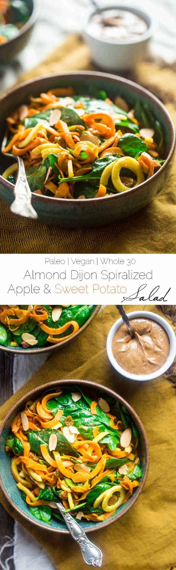 Whole 30 and Vegan Sweet Potato Noodles and Apple Spinach Salad with Almond Dijon Vinaigrette - A healthy, weeknight meal that is ready in only 20 minutes! | Foodfaithfitness.com | @FoodFaithFit