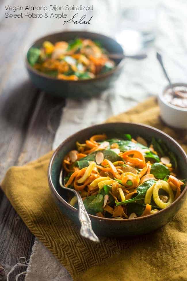 Whole 30 and Vegan Sweet Potato Noodles and Apple Spinach Salad with Almond Dijon Vinaigrette - A healthy, weeknight meal that is ready in only 20 minutes! | Foodfaithfitness.com | @FoodFaithFit