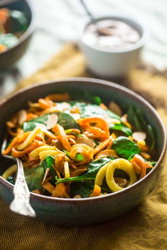 Whole 30 and Vegan Sweet Potato Noodles and Apple Spinach Salad with Almond Dijon Vinaigrette - A healthy, weeknight meal that is ready in only 20 minutes! | Foodfaithfitness.com | @FoodFaithFit