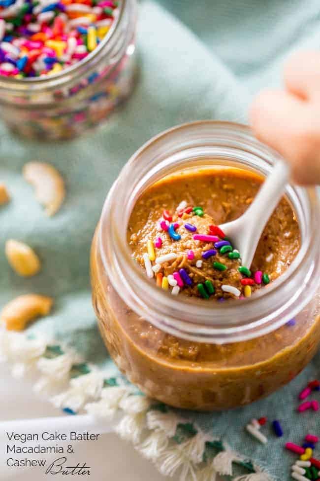 Vegan Cake Batter Macadamia Cashew Butter - This 6 ingredient vegan cake batter cashew butter is made extra delicious with macadamia nuts! It's an easy, healthy spread that tastes like funfetti cake! | Foodfaithfitness.com | @FoodFaithFit