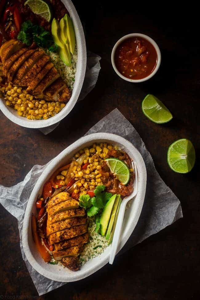 Paleo Chipotle Chicken Burrito Bowls - Make your own healthy, gluten free and paleo-friendly Chipotle Burrito Bowl at home with this quick and easy, 30 minute recipe! It's perfect for busy weeknights and under 450 calories! | Foodfaithfitness.com | @FoodFaithFit