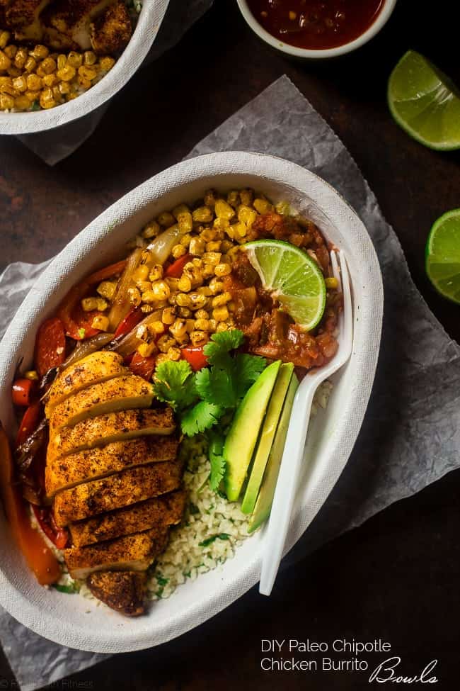 Paleo Chipotle Chicken Burrito Bowls - Make your own healthy, gluten free and paleo-friendly Chipotle Burrito Bowl at home with this quick and easy, 30 minute recipe! It's perfect for busy weeknights and under 450 calories! | Foodfaithfitness.com | @FoodFaithFit