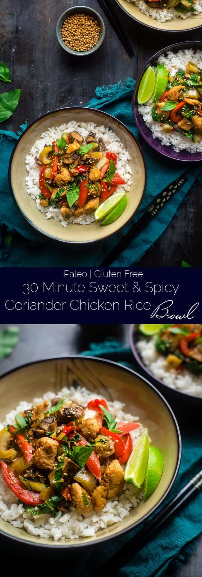 Paleo Coriander Chicken Stir Fry - This healthy chicken stir fry has fresh coriander and a spicy, sweet sauce. It's a healthy, gluten free and paleo friendly meal that's ready in 30 minutes! Perfect for busy weeknights! | Foodfaithfitness.com | @FoodFaithFit