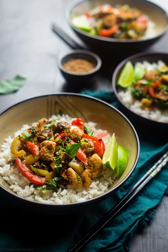 Paleo Coriander Chicken Stir Fry - This healthy chicken stir fry has fresh coriander and a spicy, sweet sauce. It's a healthy, gluten free and paleo friendly meal that's ready in 30 minutes! Perfect for busy weeknights! | Foodfaithfitness.com | @FoodFaithFit