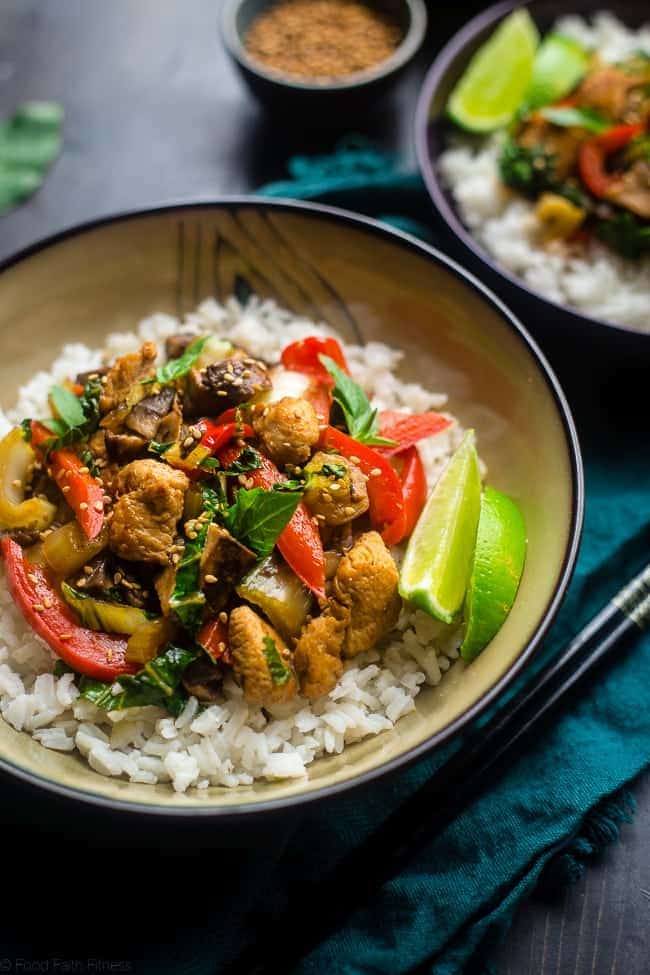 Paleo Coriander Chicken Stir Fry - This healthy chicken stir fry has fresh coriander and a spicy, sweet sauce. It's a healthy, gluten free and paleo friendly meal that's ready in 30 minutes! Perfect for busy weeknights! | Foodfaithfitness.com | @FoodFaithFit