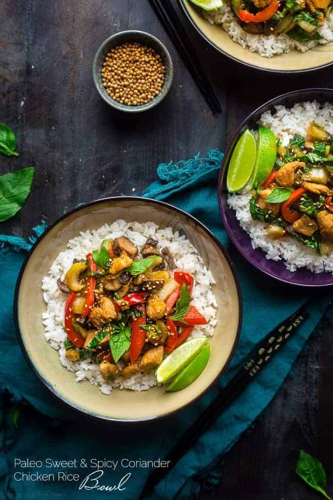 Paleo Coriander Chicken Stir Fry - This healthy chicken stir fry has fresh coriander and a spicy, sweet sauce. It's a healthy, gluten free and paleo friendly meal that's ready in 30 minutes! Perfect for busy weeknights! | Foodfaithfitness.com | @FoodFaithFit