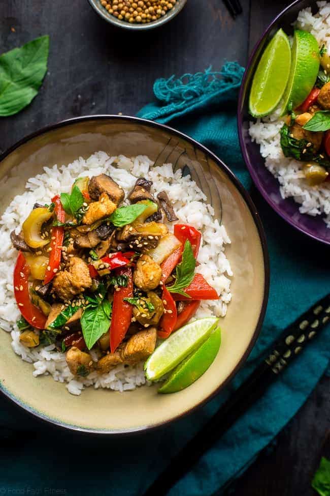 Paleo Coriander Chicken Stir Fry - This healthy chicken stir fry has fresh coriander and a spicy, sweet sauce. It's a healthy, gluten free and paleo friendly meal that's ready in 30 minutes! Perfect for busy weeknights! | Foodfaithfitness.com | @FoodFaithFit