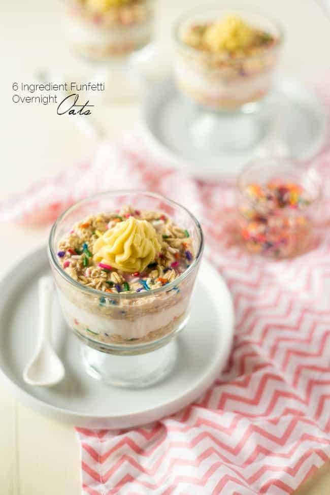 Funfetti Protein Overnight Oats - These taste like funfetti cake but are secretly healthy, packed with protein and have only 6 ingredients! They're an easy, gluten free make-ahead breakfast for busy mornings! | Foodfaithfitness.com | @FoodFaithFit