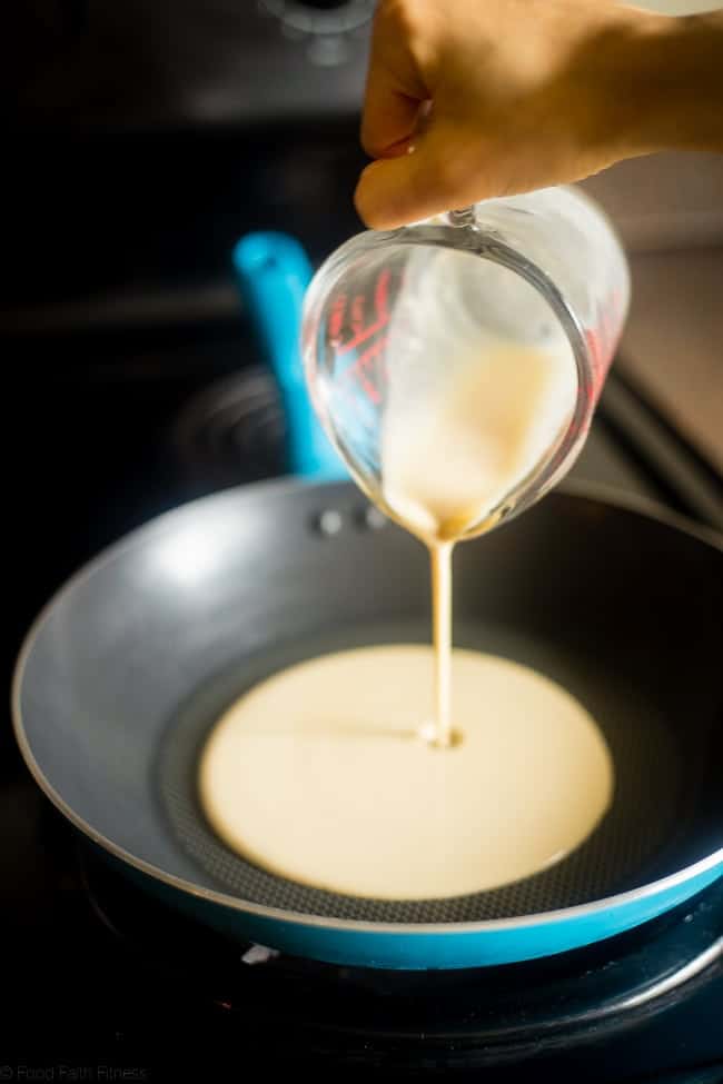 Paleo Crepes - These gluten free, paleo crepes are SO easy to make. Stuff them with your favorite fillings for a healthy breakfast or brunch that's only 75 calories and 3 SmartPoints! | Foodfaithfitness.com | @FoodFaithFit