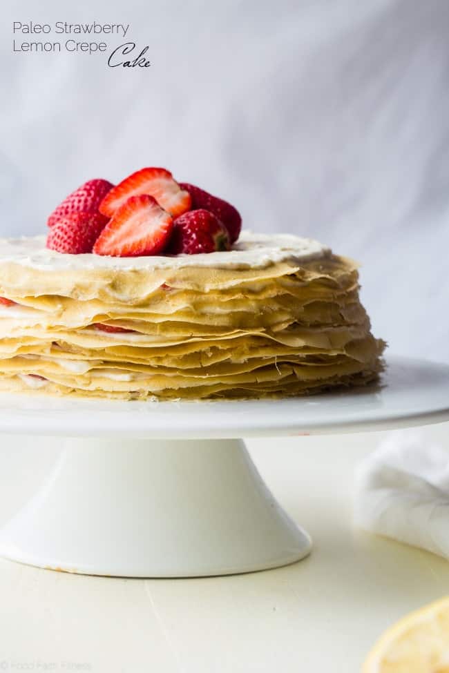 Strawberry Lemon Paleo Crepe Cake with Coconut Cream - This cake is made out of paleo crepes layered with rich, sweet lemon coconut cream and fresh strawberries. It's a gluten free dessert, that's perfect for a spring brunch or Mothers day! | Foodfaithfitness.com | @FoodFaithFit