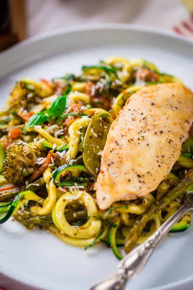 Slow Cooker Italian Chicken with Zucchini Noodles - This easy slow cooker Italian chicken is served over zucchini noodles for a light and healthy, gluten free, spring meal that's under 350 calories! | Foodfaithfitness.com | @FoodFaithFit