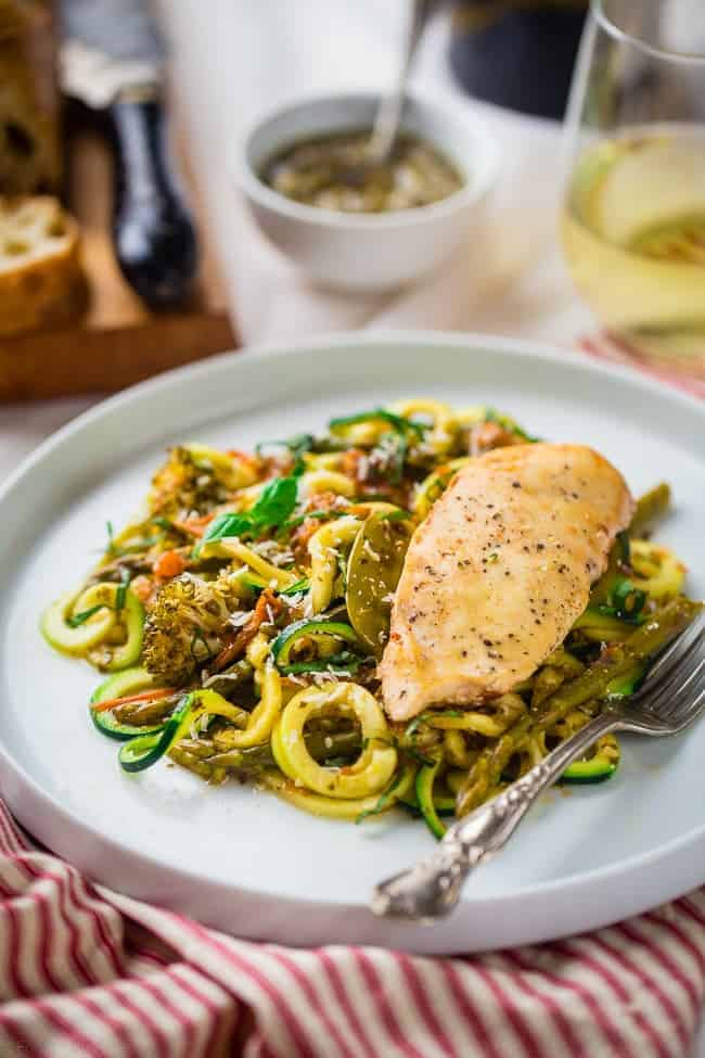 Slow Cooker Italian Chicken with Zucchini Noodles - This easy slow cooker Italian chicken is served over zucchini noodles for a light and healthy, gluten free, spring meal that's under 350 calories! | Foodfaithfitness.com | @FoodFaithFit