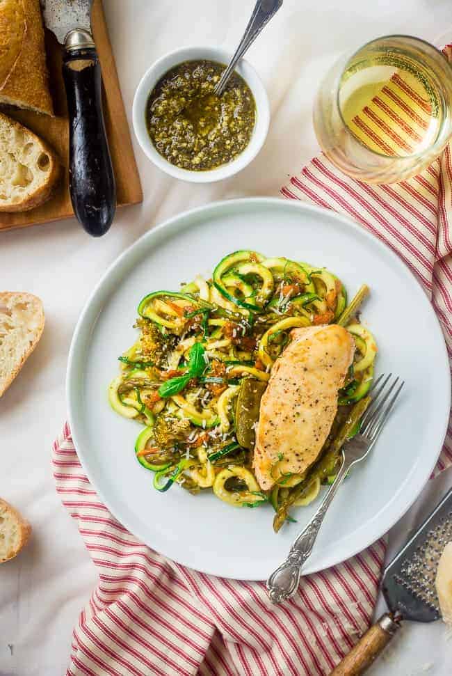 Slow Cooker Italian Chicken with Zucchini Noodles - This easy slow cooker Italian chicken is served over zucchini noodles for a light and healthy, gluten free, spring meal that's under 350 calories! | Foodfaithfitness.com | @FoodFaithFit