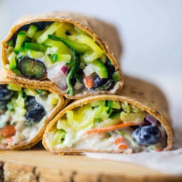 Superfood Blueberry Basil & Zucchini Noodles Wrap - A quick and easy wrap that has creamy lime yogurt and blueberries. It's a protein-packed, healthy and portable lunch for only 200 calories! Gluten free option! | Foodfaithfitness.com | @FoodFaithFit