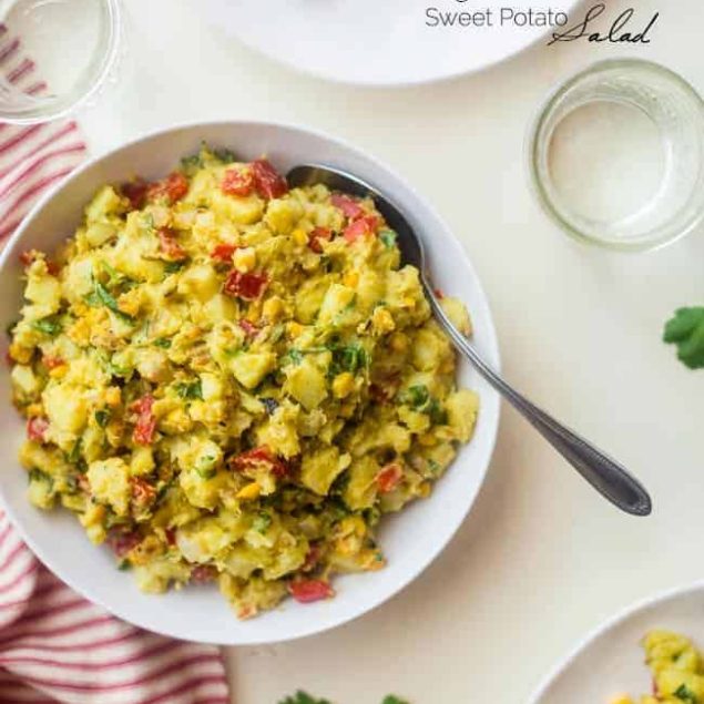 Vegan Mexican Sweet Potato Salad - This easy Mexican sweet potato salad has a spicy avocado chipotle dressing and grilled corn! It's a simple, gluten free and vegan-friendly side dish! | Foodfaithfitness.com | @FoodFaithFit